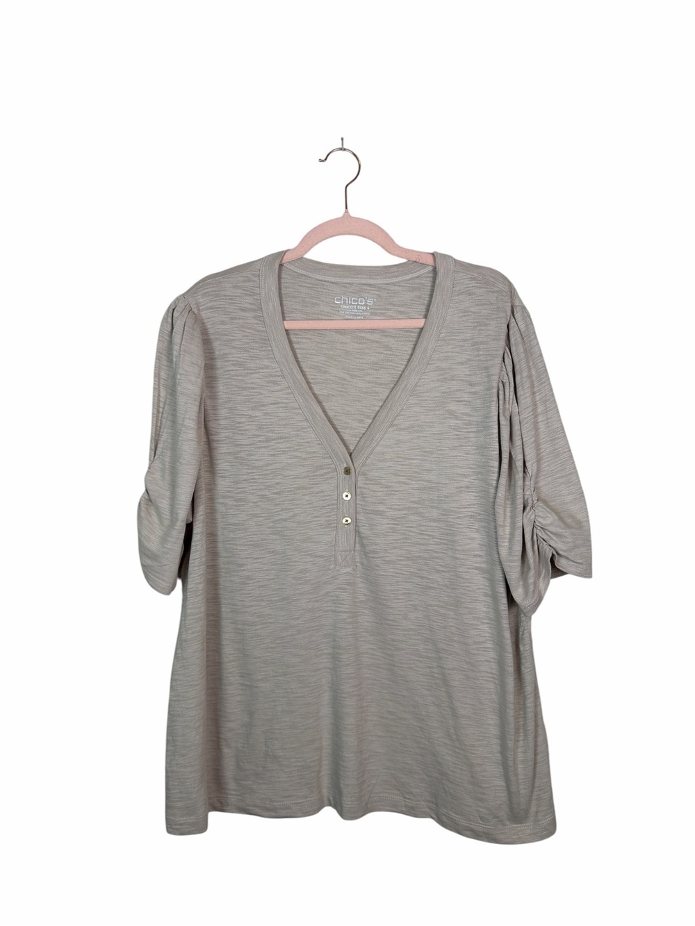 Chico’s Size 4 XXL Taupe Slub Knit V-Neck Henley Top Cotton Modal